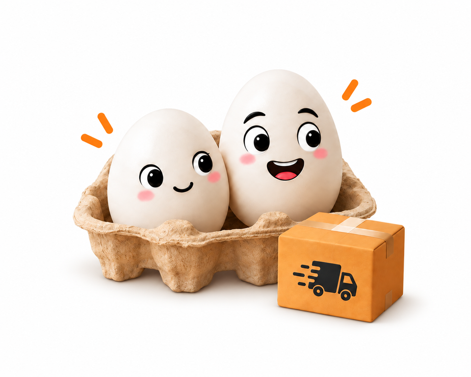Dos huevitos sonrientes junto a una caja de entrega