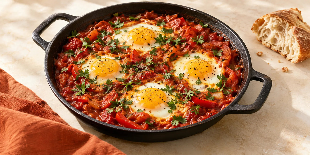 Shakshuka con cuatro huevos en salsa de tomate, pan y hierbas